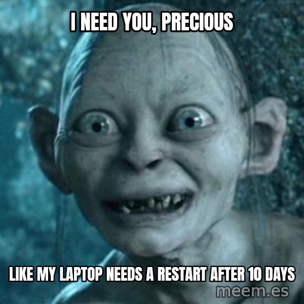 My Precious Gollum meme: I need you, precious / Like my laptop needs a restart after 10 days