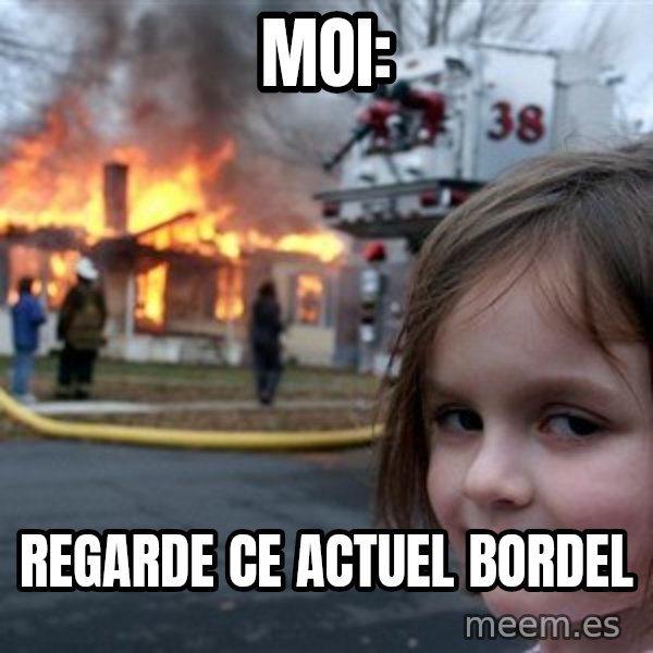 Disaster Girl meme: Moi: / Regarde ce actuel bordel