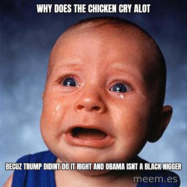 Crying Baby meme: Why DoEs The CHICKEN CRY ALOT / BECUZ TRUMP DIDINT DO IT RIGHT AND OBAMA ISNT A BLACK NIGGER