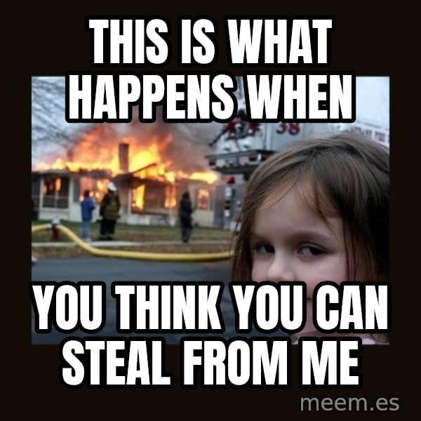 Disaster Girl meme: This is what happens when / You think you can steal from me