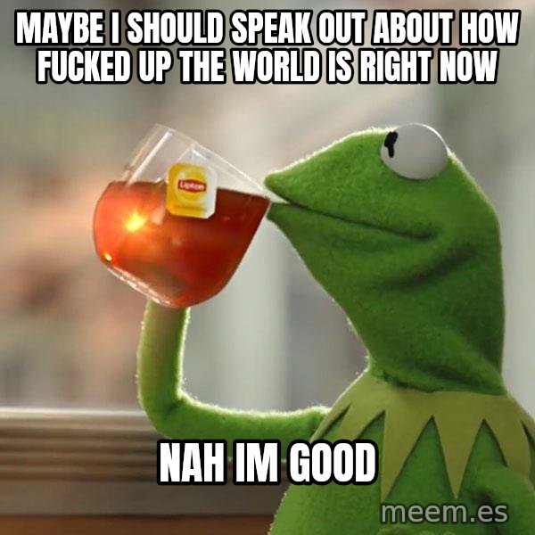 Kermit The Frog Drinking Tea meme: maybe i should speak out about how fucked up the world is right now / nah im good
