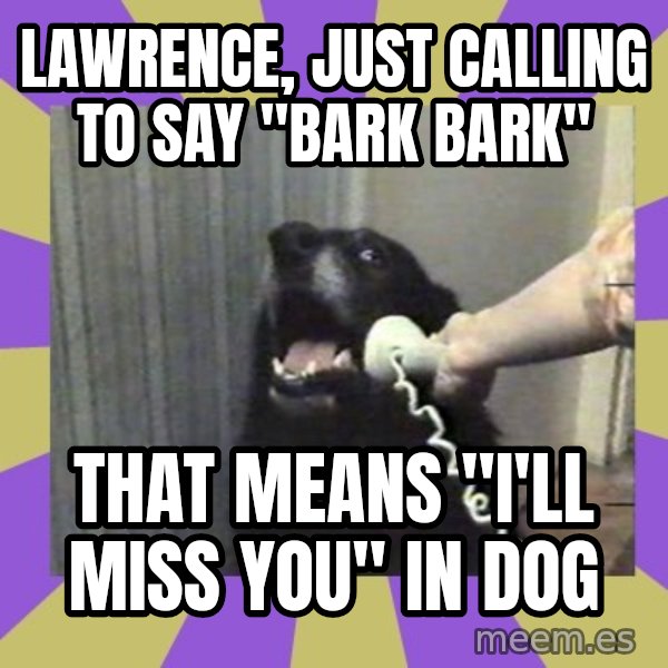 Yes, this is dog! meme: Lawrence, Just calling to say "BARK BARK" / that means "I'll Miss you" in dog