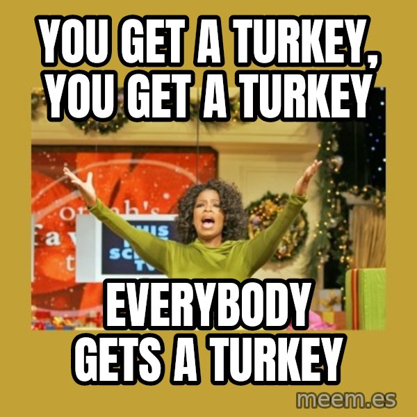 Oprah You get a meme: You get a turkey, you get a turkey / Everybody gets a turkey