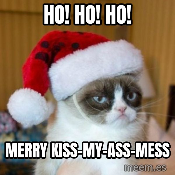 Grumpy Cat Santa Hat meme: ho! ho! ho! / merry kiss-my-ass-mess