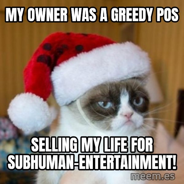 Grumpy Cat Santa Hat meme: My owner was a greedy POS / Selling my life for subhuman-entertainment!