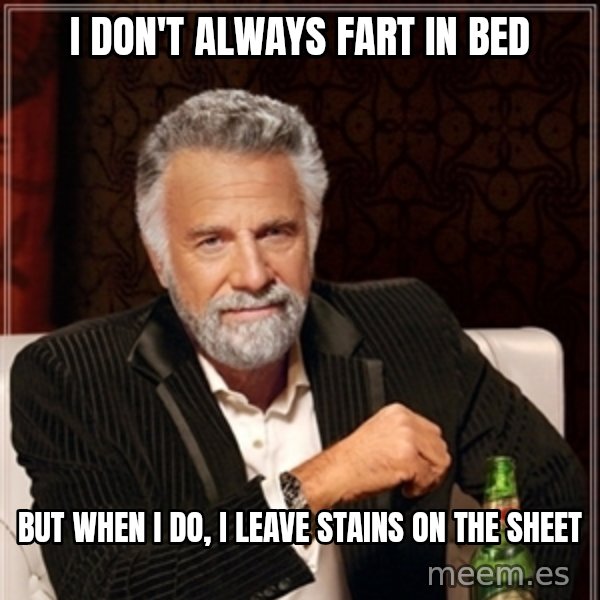 Dos Equis Guy gives advice meme: I DON'T ALWAYS FART IN BED / BUT WHEN I DO,  I LEAVE STAINS ON THE SHEET