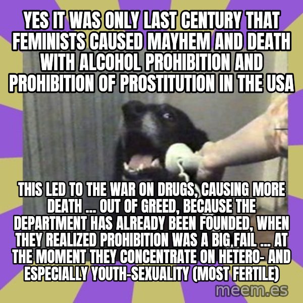 Yes, this is dog! meme: yes it was only last century that feminists caused mayhem and death with alcohol prohibition and prohibition of prostitution in the usa / this led to the war on drugs, causing more death ... out of greed, because the department has already been founded, when they realized prohibition was a big fail ... at the moment they concentrate on hetero- and especially youth-sexuality (most fertile)