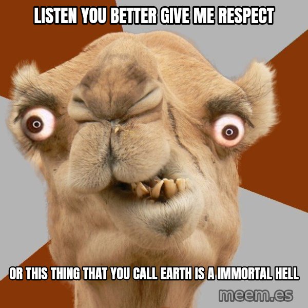 Crazy Camel lol meme: LISTEN YOu bETTER GIVE ME RESPECT / OR THIS THING THAT YOU CALL EARTH IS A IMMORTAL HELL