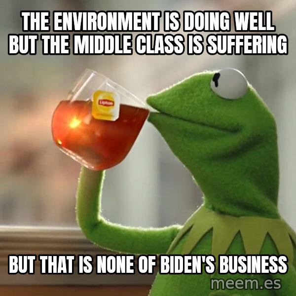 Kermit The Frog Drinking Tea meme: the environment is doing well but the middle class is suffering / but that is none of Biden's business