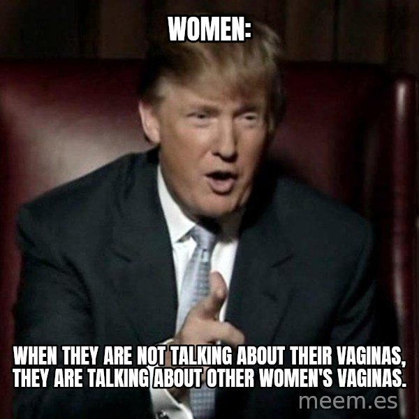Donald Trump meme: women: / when they are not talking about their vaginas, they are talking about other women's vaginas.
