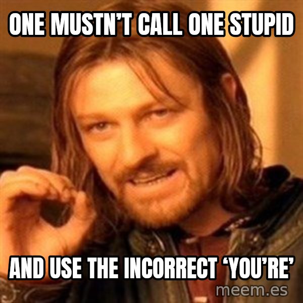 One Does Not Simply meme: One mustn’t call one stupid / And use the incorrect ‘you’re’