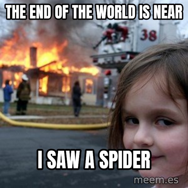 Disaster Girl meme: THE END OF THE WORLD IS NEAR / I SAW A SPIDER