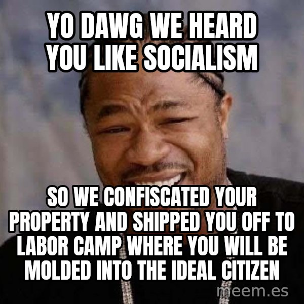 Yo Dawg meme: yo dawg we heard you like socialism / so we confiscated your property and shipped you off to labor camp where you will be molded into the ideal citizen