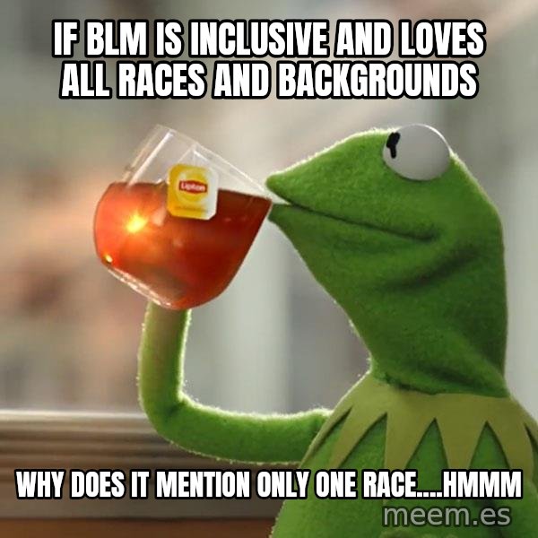 Kermit The Frog Drinking Tea meme: If BLM is inclusive and loves all races and backgrounds / Why does it mention only one race....hmmm