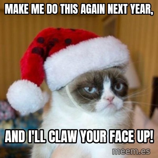 Grumpy Cat Santa Hat meme: Make me do this again next year, / And I'll claw your face up!