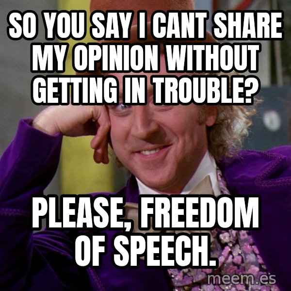 Willy Wonka meme: So you say I cant share my opinion without getting in trouble? / Please, freedom of speech.