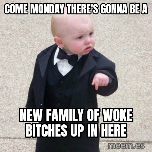 Mafia Baby meme: Come Monday there's gonna be a / New family of woke bitches up in here