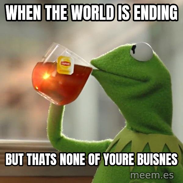 Kermit The Frog Drinking Tea meme: when the world is ending / but thats none of youre buisnes