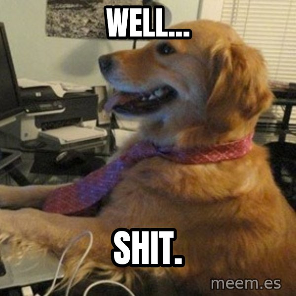 I have no idea what I'm doing - Dog with Tie meme: Well... / shit.