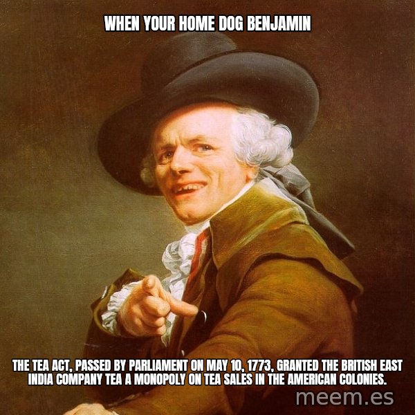 Joseph Ducreux meme: When your home dog benjamin / The Tea Act, passed by Parliament on May 10, 1773, granted the British East India Company Tea a monopoly on tea sales in the American colonies.