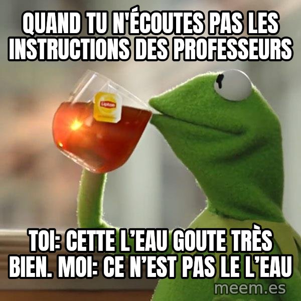 Kermit The Frog Drinking Tea meme: quand tu n'écoutes pas les instructions des professeurs / Toi: cette l’eau goute très bien.    Moi: ce n’est pas le l’eau