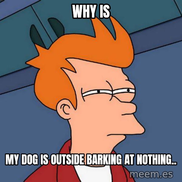 Futurama Fry meme: why is / my dog is outside barking at nothing..