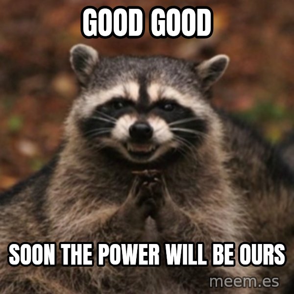 evil raccoon meme: Good good / soon the power will be ours