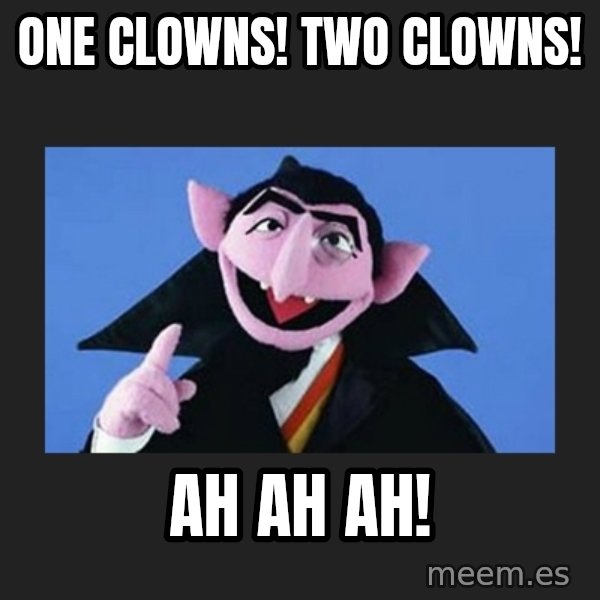 The Count from Sesame Street meme: One clowns! Two clowns! / Ah Ah Ah!