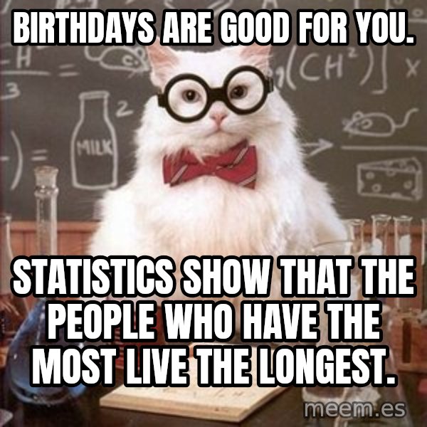 Chemistry Cat meme: Birthdays are good for you. / Statistics show that the people who have the most live the longest.