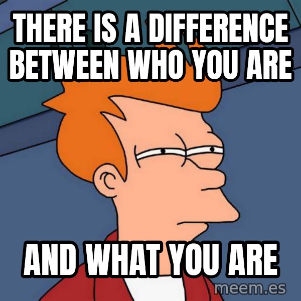 Futurama Fry meme: There is a difference between who you are / And WHAT you are