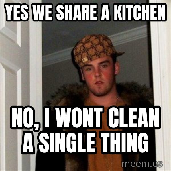 Scumbag Steve meme: Yes we share a kitchen / no, i wont clean a single thing