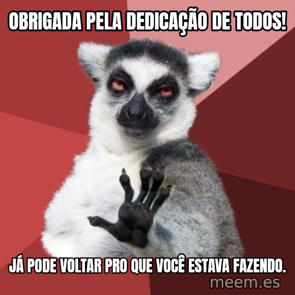 Chill Out Lemur meme: Obrigada pela dedicação de todos! / Já pode voltar pro que você estava fazendo.