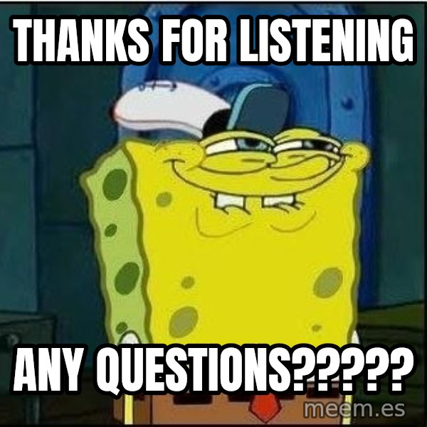 Spongebob Face meme: Thanks For Listening / Any Questions?????