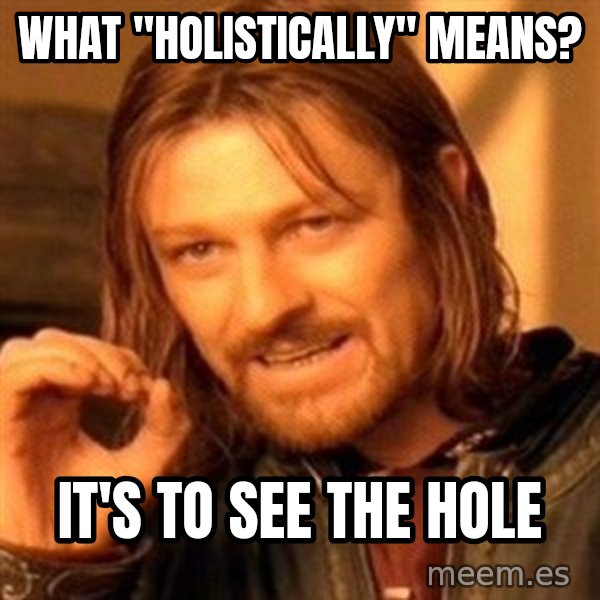 One Does Not Simply meme: What "holistically" means? / It's to see the hole