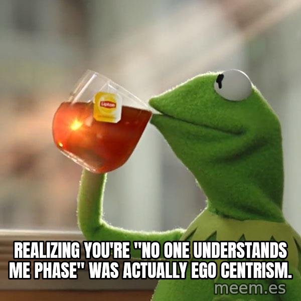 Kermit The Frog Drinking Tea meme: realizing you're "no one understands me phase" was actually ego centrism.