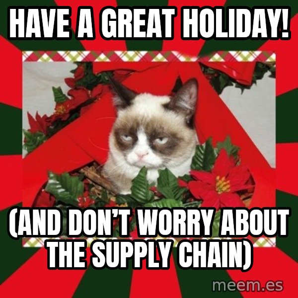 GRUMPY CAT ON CHRISTMAS meme: Have a great holiday! / (and don’t worry about the supply chain)
