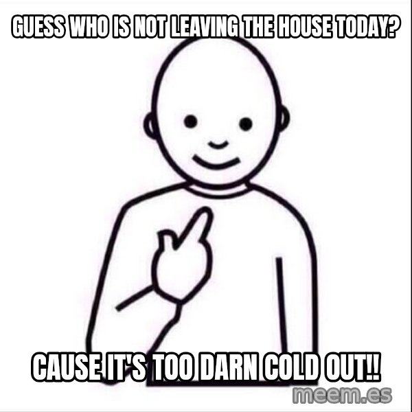Guess who ? meme: Guess who is not leaving the house today? / Cause it's too darn cold out!!