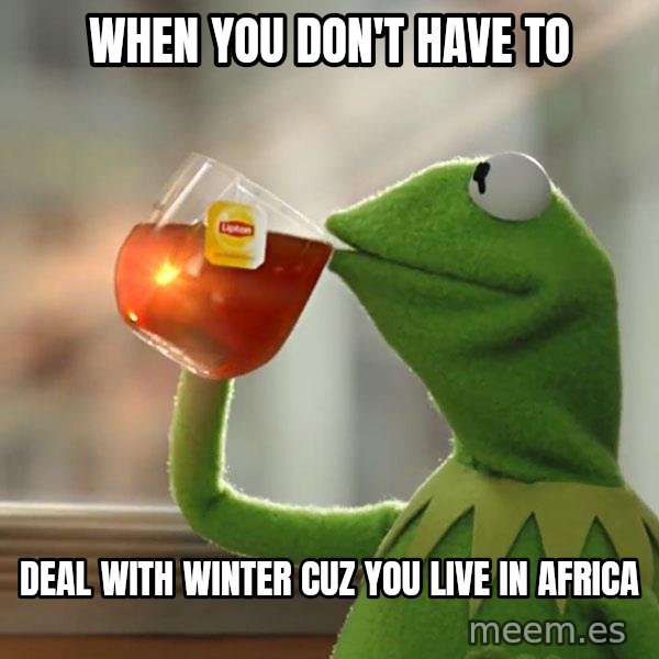 Kermit The Frog Drinking Tea meme: When you don't have to / deal with winter cuz you live in africa