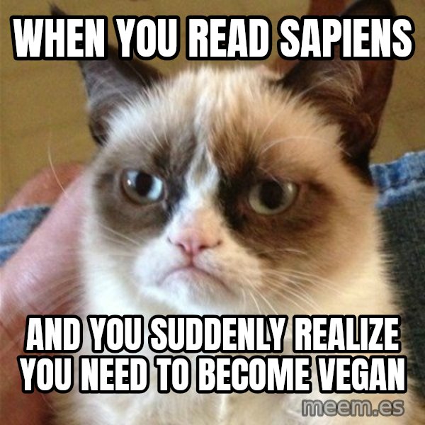 Grumpy Cat  meme: When you read Sapiens / and you suddenly realize you need to become vegan