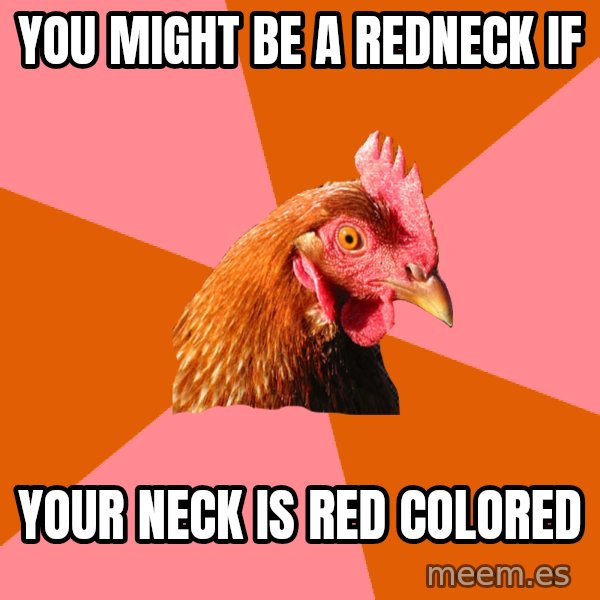 Anti Joke Chicken meme: You might be a redneck if / your neck is red colored