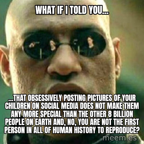 What If I Told You meme: What if I told you... / ...that obsessively posting pictures of your children on social media does not make them any more special than the other 8 billion people on Earth and, no, you are not the first person in all of human history to reproduce?