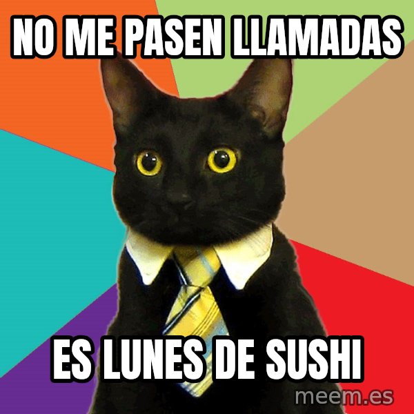 Business Cat meme: NO ME PASEN LLAMADAS / ES LUNES DE SUSHI