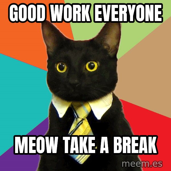 Business Cat meme: Good work everyone / Meow take a break