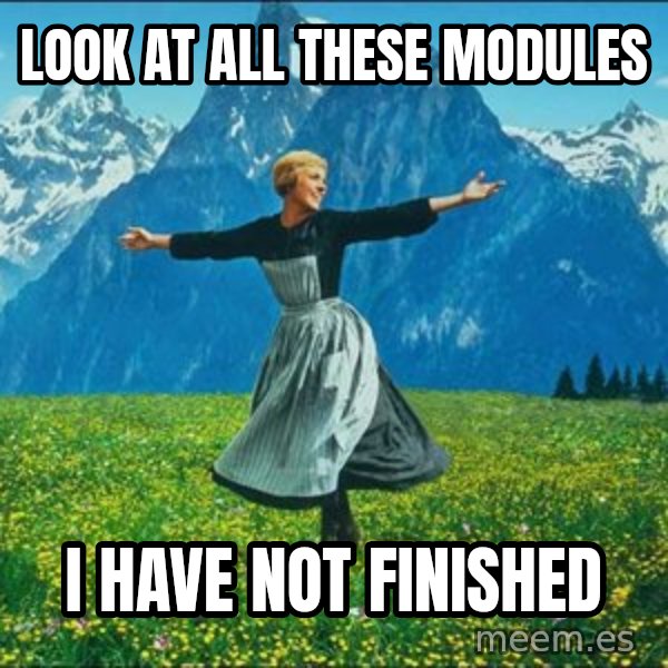 Look at all the things meme: look at all these modules / i have not finished