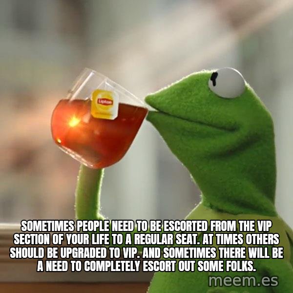 Kermit The Frog Drinking Tea meme: Sometimes people need to be escorted from the VIP section of your life to a regular seat. At times others should be upgraded to VIP. And sometimes there will be a need to completely escort out some folks.