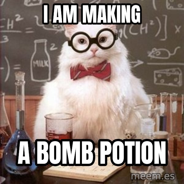 Chemistry Cat meme: I AM MAKING / A BOMB POTION