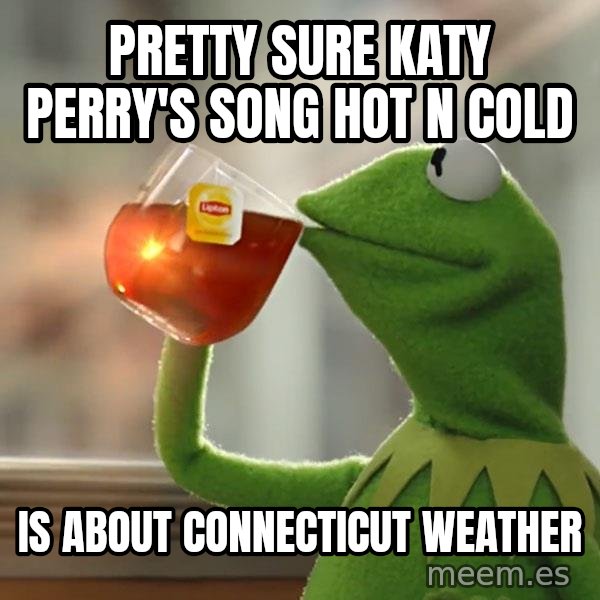 Kermit The Frog Drinking Tea meme: Pretty sure Katy Perry's song Hot N Cold / is about Connecticut weather