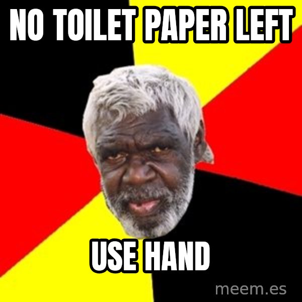Aboriginal meme: No toilet paper left / Use hand