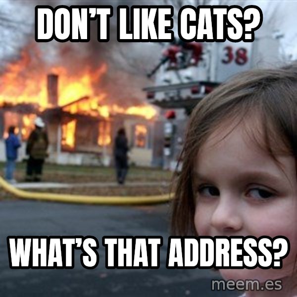 Disaster Girl meme: Don’t like cats? / What’s that address?
