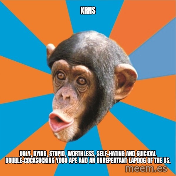 Stupid Monkey meme: KRNS / Ugly, dying, stupid, worthless, self-hating and suicidal double-cocksucking yobo ape and an unrepentant lapdog of the US.